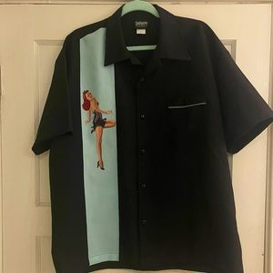Be Retro Men’s Short Sleeve Button Up Shirt Black and light blue stripe